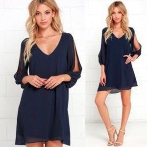 Lulu's Navy Blue Long Sleeve V-Neck Split-Sleeve Dress